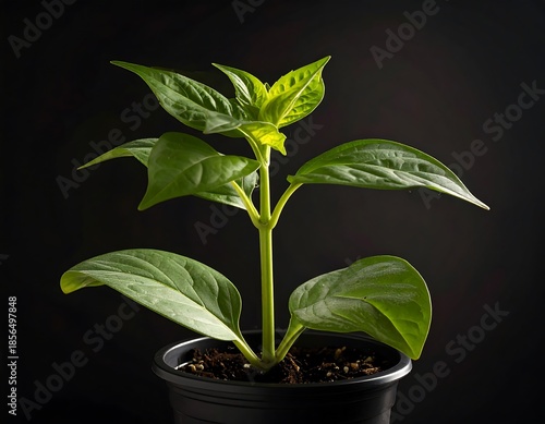 A vibrant small seedling thrives in a black pot, surrounded by a dark background. Its leaves are emerald green