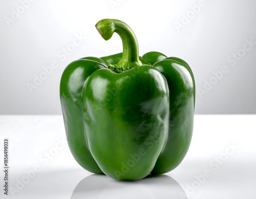 A vibrant, smooth green bell pepper stands centered against a bright, neutral backdrop, capturing its full shape and stem