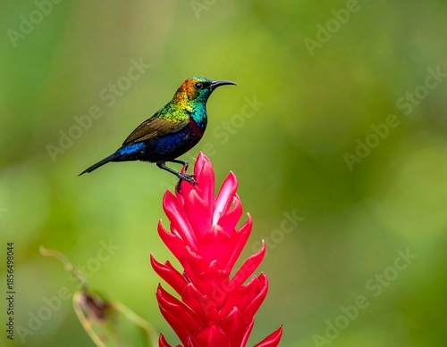 A vibrant small bird with iridescent plumage perches atop a striking red flower, blurred green background