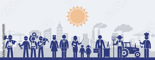 Panoramic vector silhouette illustration celebrating Labor Day with diverse workers, professions, and modern industrial city background
