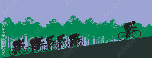 Group of cyclists racing uphill against a backdrop of trees and a purple sky.