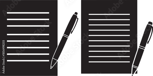 Two documents with lines and two pens, black and white icon