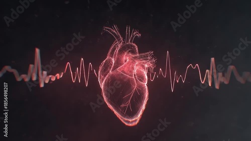 Glowing anatomical heart pulses over electrocardiogram line public health campaign conveying urgent care and cardiovascular awareness. glowing