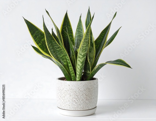 A vibrant snake plant, also called mother-in-law's tongue, in a speckled white pot. It sits against a plain white background on a white surface