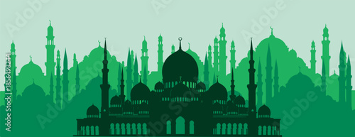 Silhouette of a grand mosque with multiple domes and minarets against a green gradient background, symbolizing Islamic architecture and culture.