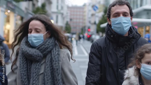 Family face mask city street winter clothing father promoting public health campaign with calm caring expression, masked family outdoors promoting