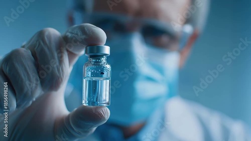 Scientist vial vaccine public health campaign medicine syringe laboratory research doctor sterile solution vial of clear vaccine held by medical