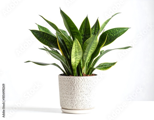 A vibrant snake plant with striped leaves in a textured white pot. The plant stands against a clean white background, creating a minimalist aesthetic