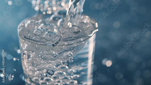 Clear water pour glass hydration public health campaign promoting clean drinking water wellness with refreshing splash bubbles and clear hydration