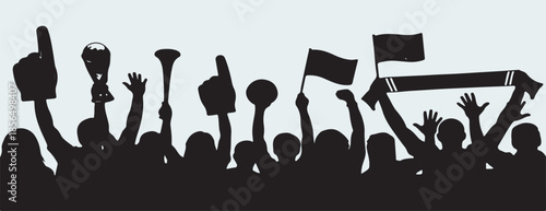 World Cup 2026 football fans celebration illustration featuring cheering crowd silhouettes with flags, scarves, and trophies representing global soccer excitement.