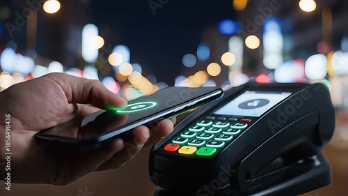 Smartphone being tapped on payment terminal for contactless transaction at night