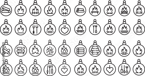 Collection of campfire and barbecue icons in black line art on white background