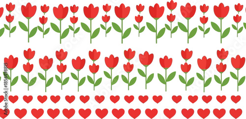Charming Red Tulips and Hearts Pattern Vector Design