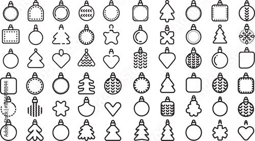 Collection of Christmas tree ornaments and decorations in simple line art style