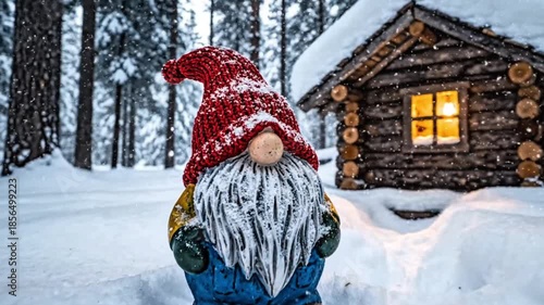 Winter Garden Figurine Near Wooden Cabin
