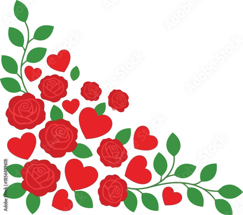 Romantic Red Roses and Hearts Floral Corner Vector
