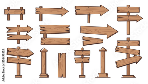 A collection of blank wooden signs and directional arrow signposts featuring old timber planks, empty billboards, and rustic vector boards for road navigation and rustic fence illustrations