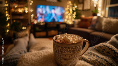 Wallpaper Mural A cozy living room scene with a mug of hot chocolate on a person's lap while watching TV. Torontodigital.ca