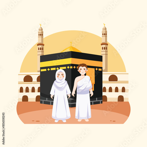 A flat illustration of Muslim pilgrims standing in front of a mosque, representing umrah worship and Islamic religious activities.