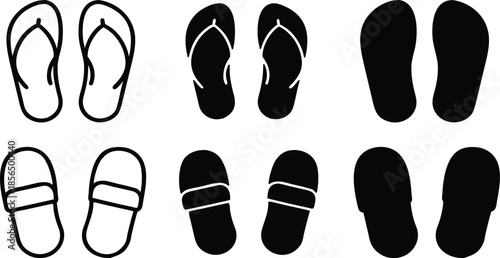 Summer Flip Flops and Indoor Slippers Footwear Casual Shoes Travel Apparel Accessories Vector Silhouette and Pictogram Icon Set.eps