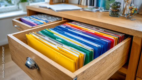 Colorful folders organized neatly in a wooden desk drawer, reflecting an orderly workspace on a sunny afternoon with natural light filtering through the window