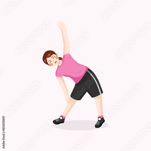 A flat illustration of a woman performing side stretching as part of a warm up exercise routine for fitness and flexibility training.