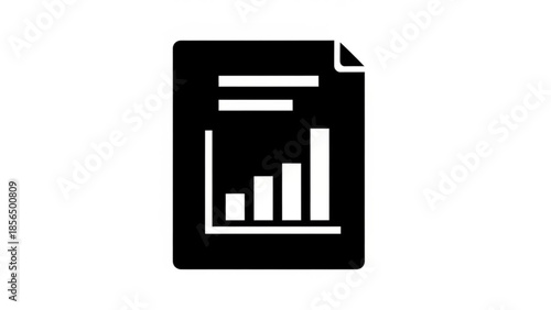 A black and white graphic representation of a document icon featuring a bar chart