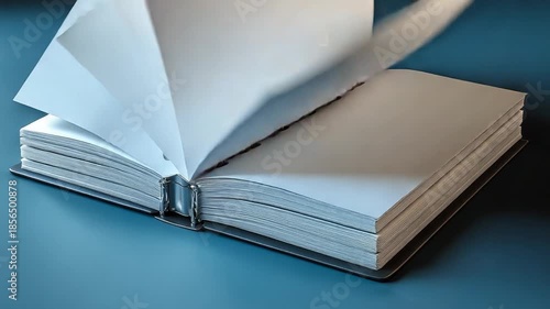 Open binder showcasing blank pages on blue surface