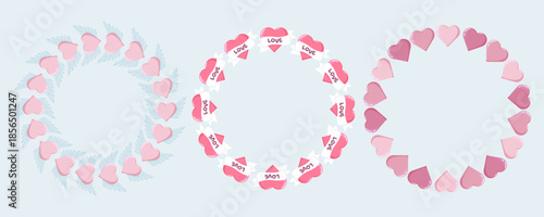 Set of three circular heart wreaths winged hearts, hearts with LOVE banners, and gradient pink-purple hearts. Perfect for Valentine s Day, romantic designs, or festive decorations