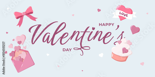 Valentine illustration with Happy Valentine s Day text, LOVE heart, envelope of hearts and cupcake in pastel style. Sweet romantic design for cards, decor, invitations and festive themes