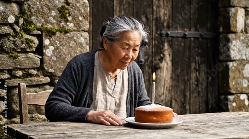 Elderly Woman Preparing Cake at Rustic Home
