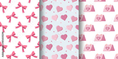 Set of three vertical Valentine s Day patterns pink bows, heart clusters, and FEB 14 desk calendars. Perfect for romantic designs, festive wrapping paper, or themed decorations