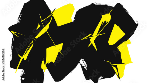 Vibrant abstract art with black and yellow brushstrokes on white background, dynamic creative design element