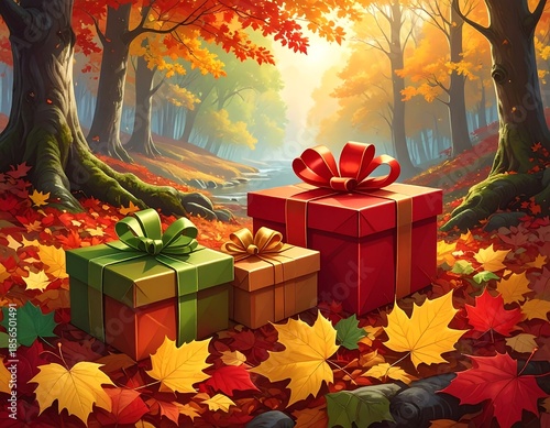 Three colorful wrapped gifts amidst fallen autumn leaves in a forest scene