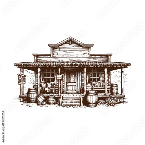 Old West Homestead Cabin with Mountain Landscape – Black and White Engraving