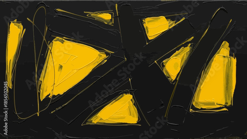 Abstract art with yellow triangular shapes on black background with scribbled lines
