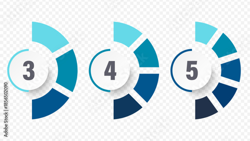Pie charts divided into 3,4 and 5 equal parts isolated on transparent background. Pie charts for data visualization.
