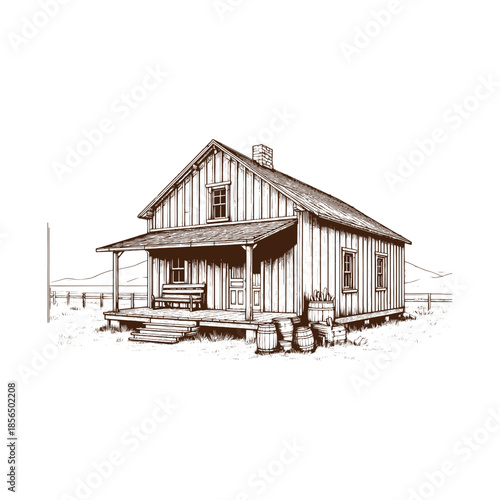 Old West Homestead Cabin with Mountain Landscape – Black and White Engraving