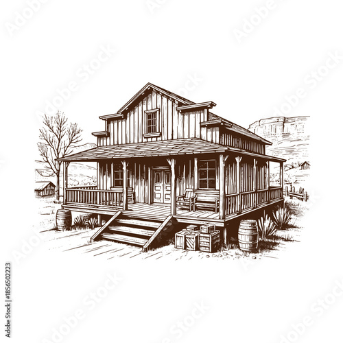 Old West Homestead Cabin with Mountain Landscape – Black and White Engraving