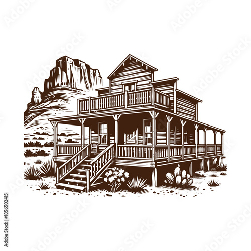 Old West Homestead Cabin with Mountain Landscape – Black and White Engraving