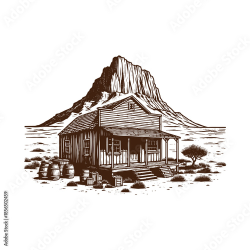 Old West Homestead Cabin with Mountain Landscape – Black and White Engraving