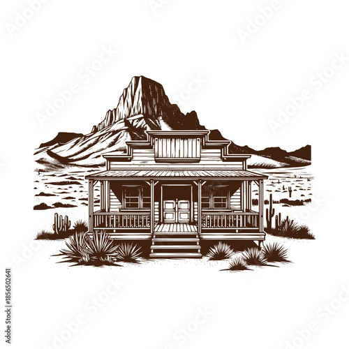 Old West Homestead Cabin with Mountain Landscape – Black and White Engraving
