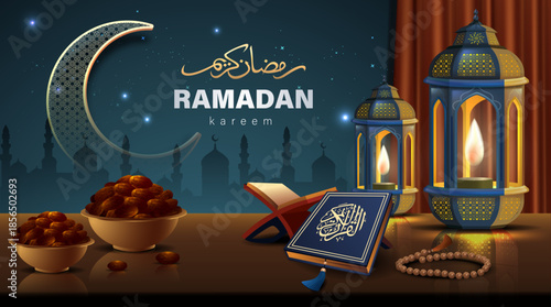 Ramadan Kareem Illustration with Crescent Moon, Lanterns, Holy Quran and Iftar Dates. Ramadan Poster Design Vector Illustration.