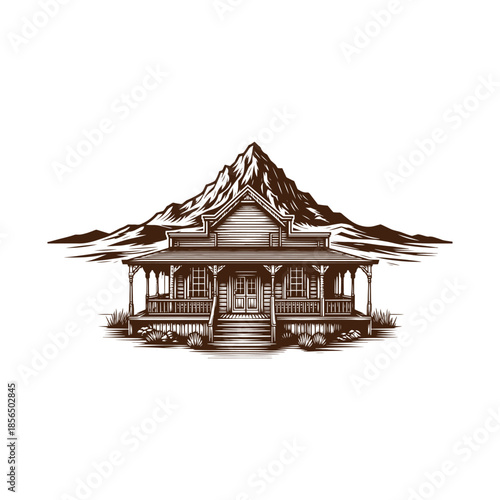 Old West Homestead Cabin with Mountain Landscape – Black and White Engraving