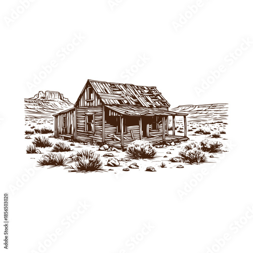 Old West Homestead Cabin with Mountain Landscape – Black and White Engraving