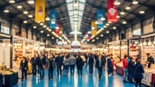 People inside a large hall with illuminated displays