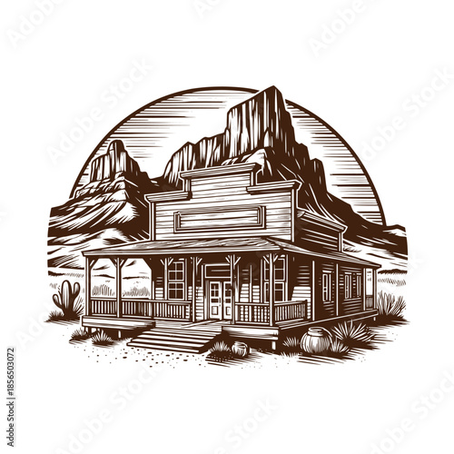 Old West Homestead Cabin with Mountain Landscape – Black and White Engraving