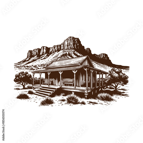 Old West Homestead Cabin with Mountain Landscape – Black and White Engraving