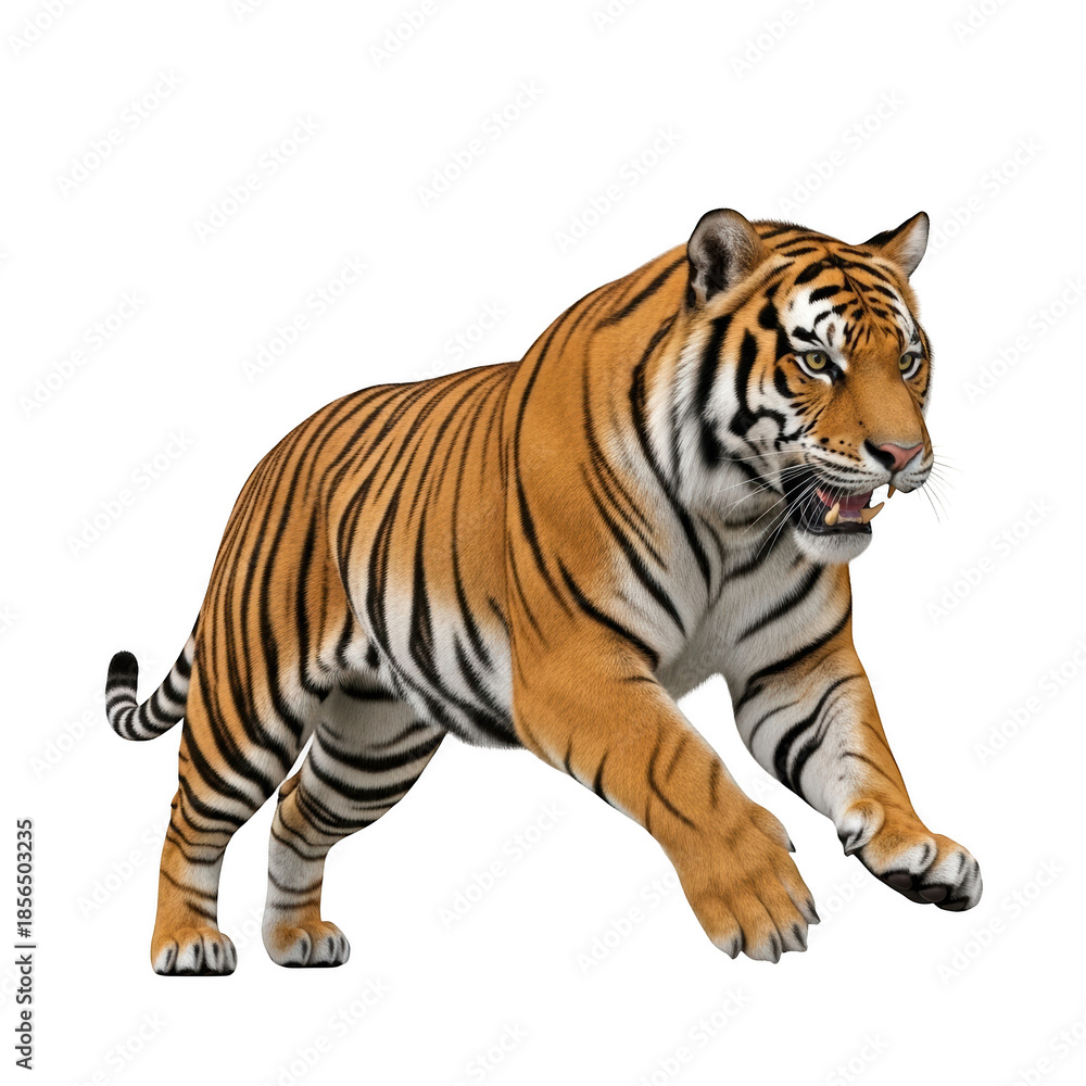 Obraz premium Bengal tiger with orange fur and black stripes walks forward on black background