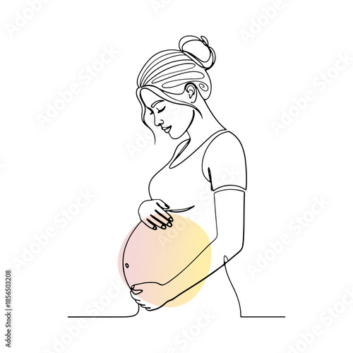 continuous line drawing of pregnant woman holding her belly with colorful circle